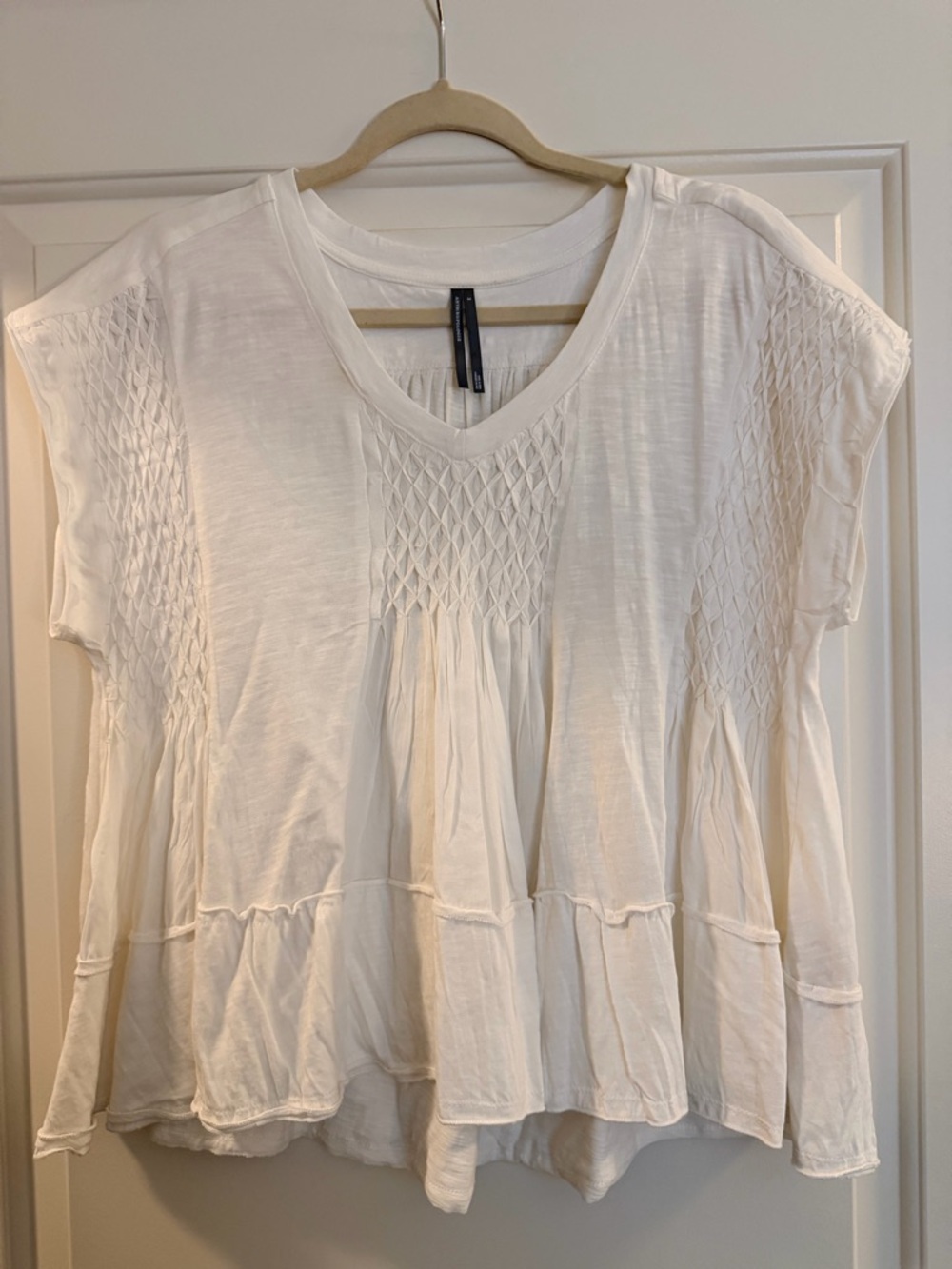 Anthropologie Cream Smocked V-Neck Tiered Top